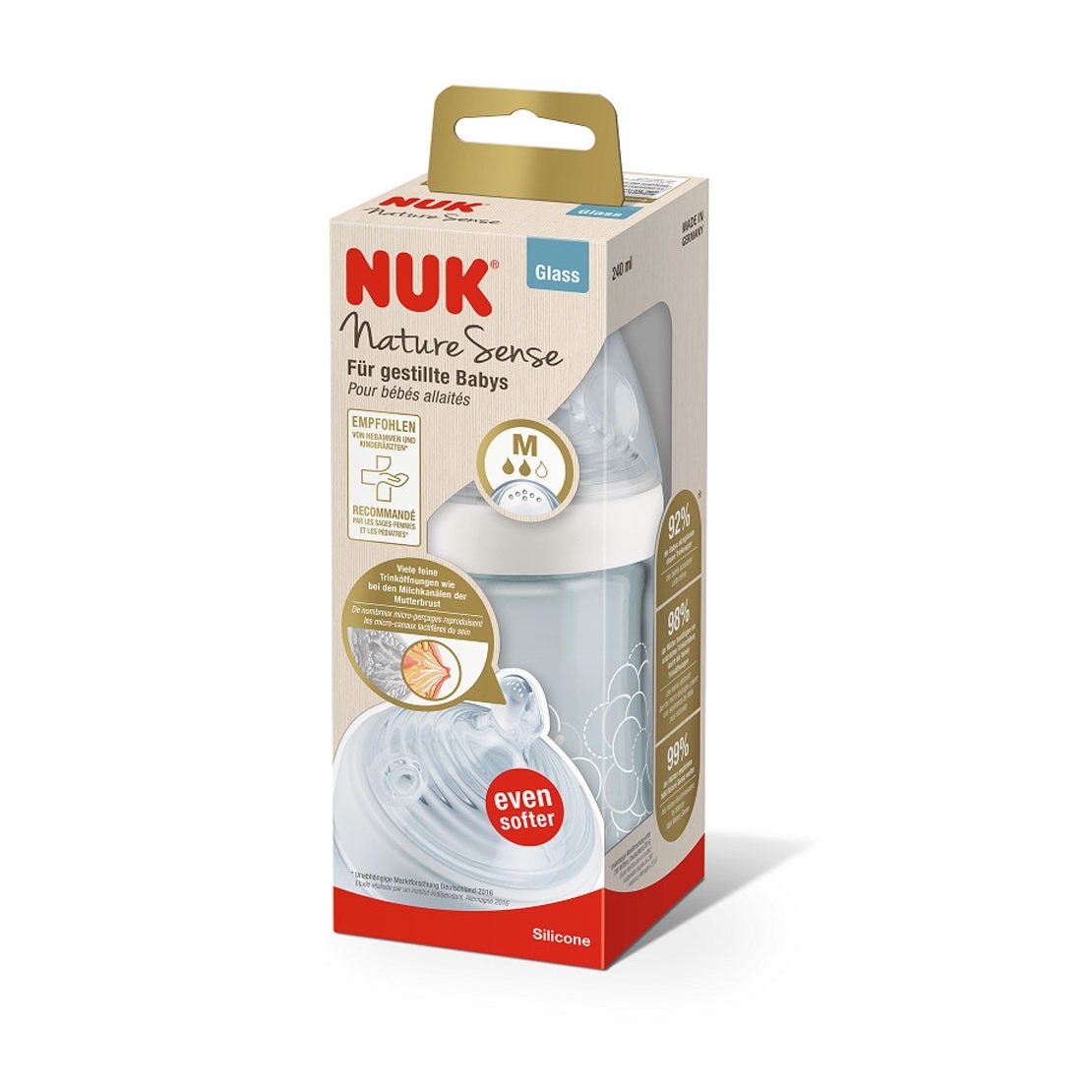 NUK Nature Sense Glass Feeding Bottle with Softer Teat 240ml